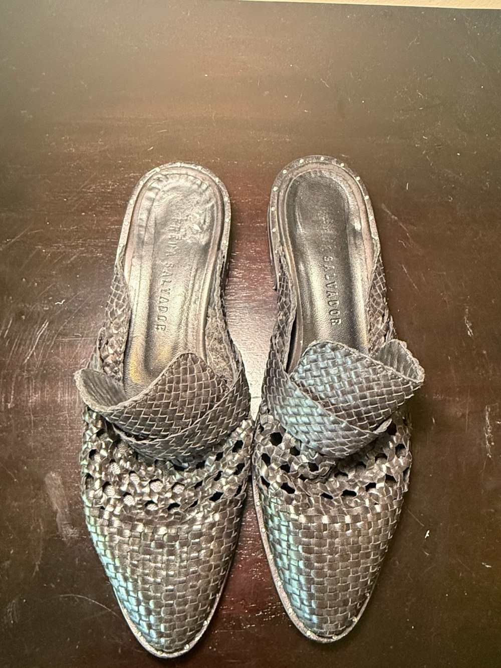 Freda Salvador Black Woven Pointed-Toe Slip-On Mules